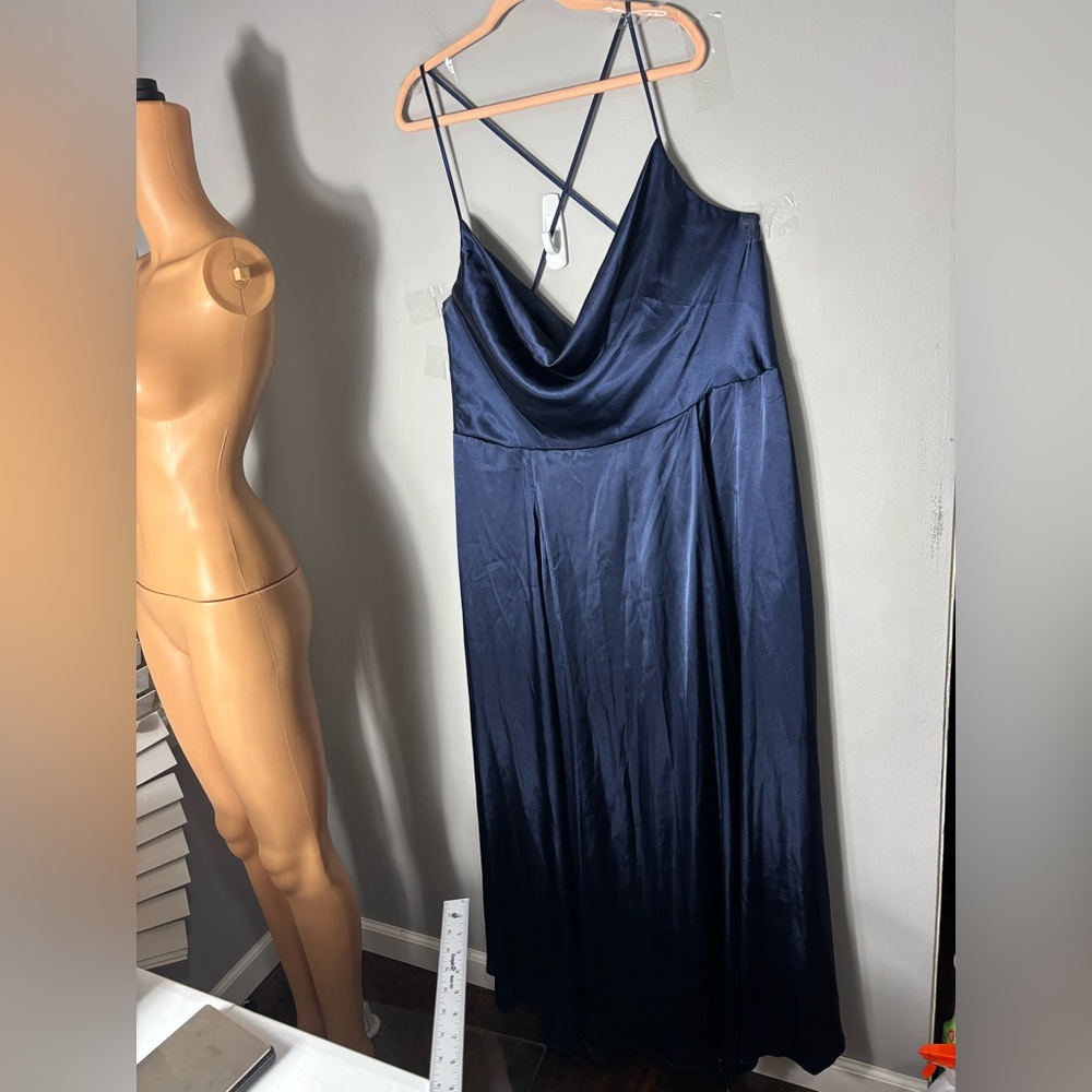 Galina Signature charmeuse cowl bridesmaid dress with lace-up back Blue SZ 24